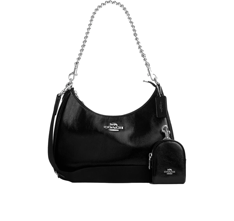 Coach Women's Teri Hobo Bag With Pouch Crinkle Leather Black/Silver