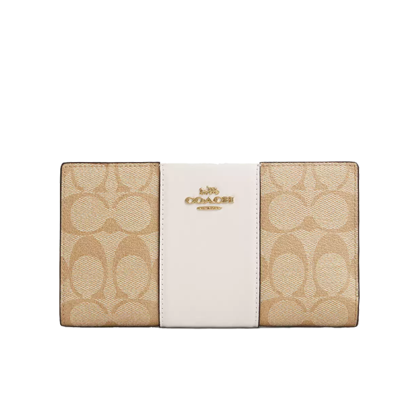 Coach Women's Slim Zip Wallet In Signature Canvas With Stripe Gold/Light Khaki/Chalk Lt Saddle