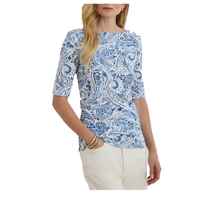 Polo Ralph Lauren Women's Paisley Stretch Cotton Boatneck Tee White/Blue
