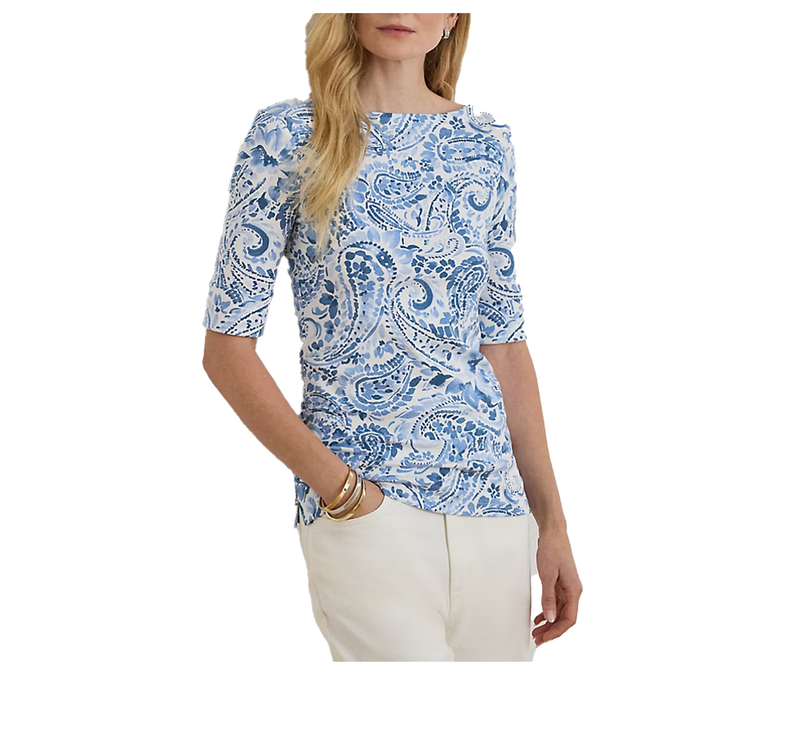 Polo Ralph Lauren Women's Paisley Stretch Cotton Boatneck Tee White/Blue