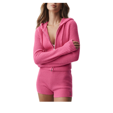 alo Women's Wool Cashmere Ribbed Noble Full Zip Hoodie Paradise Pink