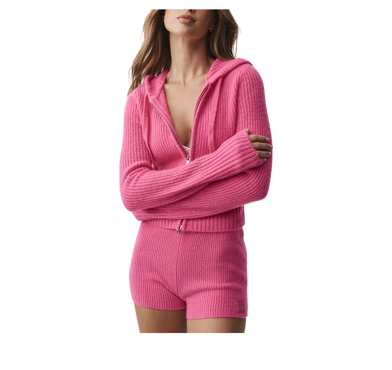 alo Women's Wool Cashmere Ribbed Noble Full Zip Hoodie Paradise Pink