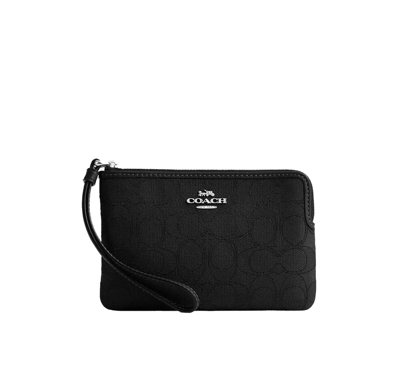 Coach Women's Corner Zip Wristlet In Signature Jacquard Silver/Black