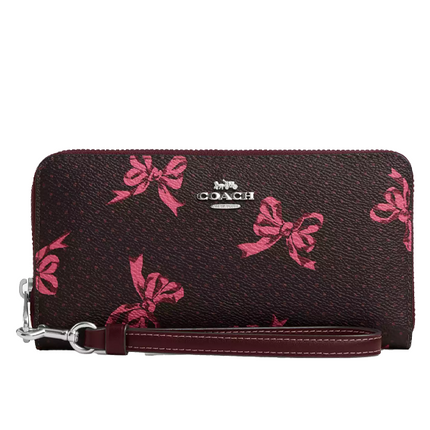 Coach Women's Long Zip Around Wallet With Bow Print Silver/Merlot Multi