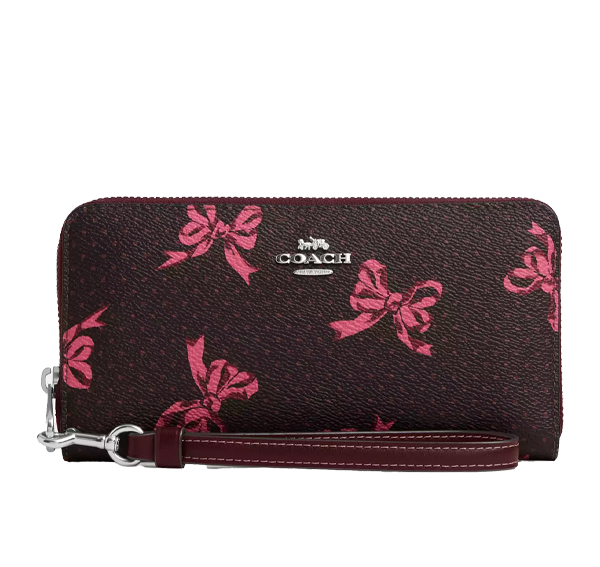 Coach Women's Long Zip Around Wallet With Bow Print Silver/Merlot Multi