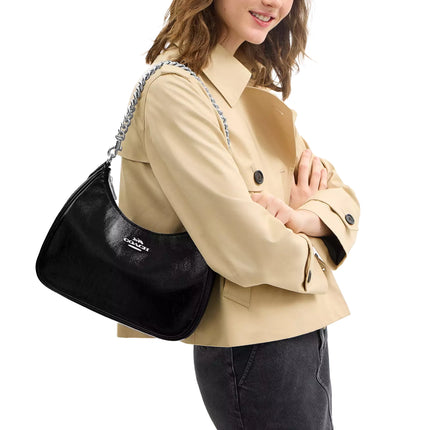 Coach Women's Teri Hobo Bag With Pouch Crinkle Leather Black/Silver