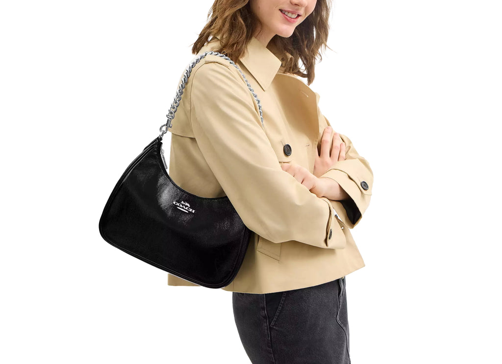 Coach Women's Teri Hobo Bag With Pouch Crinkle Leather Black/Silver