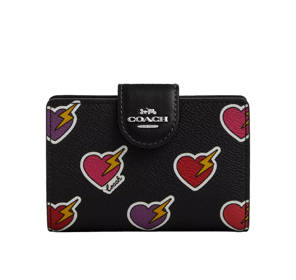 Coach Women's Medium Corner Zip Wallet With Heart Bolt Print Silver/Black Multi