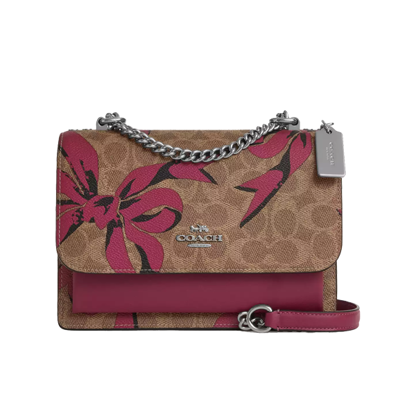 Coach Women's Klare Crossbody Bag In Signature Canvas With Bow Print Silver/Tan/Pink Multi