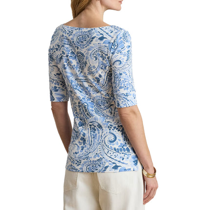 Polo Ralph Lauren Women's Paisley Stretch Cotton Boatneck Tee White/Blue