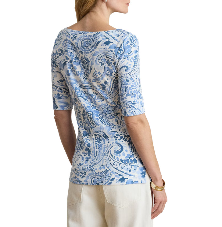 Polo Ralph Lauren Women's Paisley Stretch Cotton Boatneck Tee White/Blue