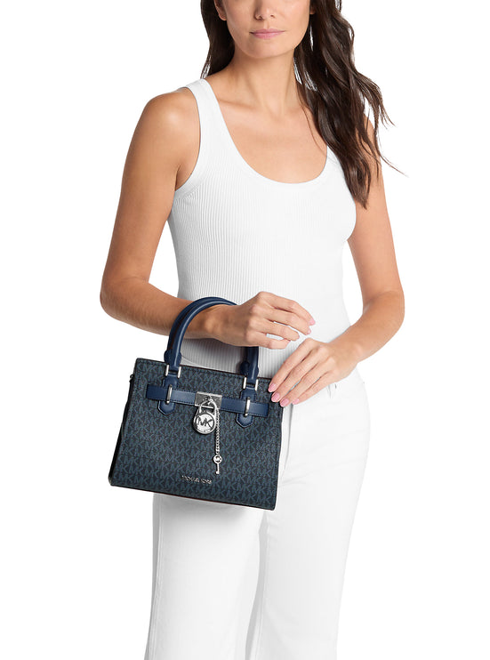 Michael Kors Women's Hamilton Small Signature Logo Satchel Bag Admiral/Silver