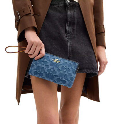 Coach Women's Large Corner Zip Wristlet In Signature Denim Gold/Indigo