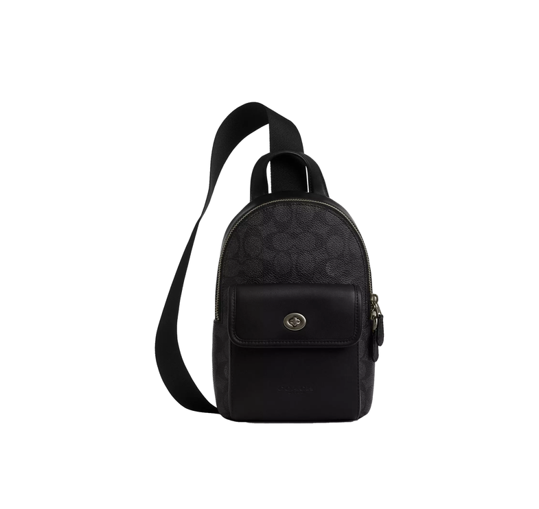 Coach Men's Small Turnlock Sling Pack In Signature Canvas Gunmetal/Charcoal/Black