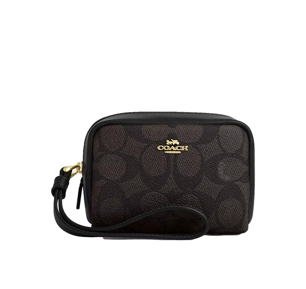 Coach Women's Pouch Wristlet In Signature Canvas Gold/Walnut/Black