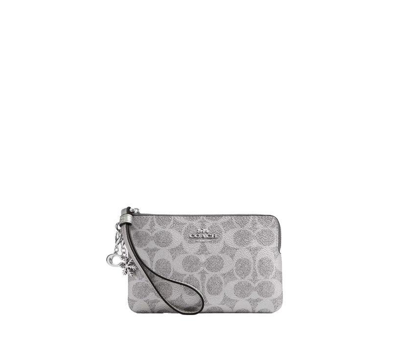 Coach Women's Boxed Corner Zip Wristlet In Signature Canvas With Charms Silver
