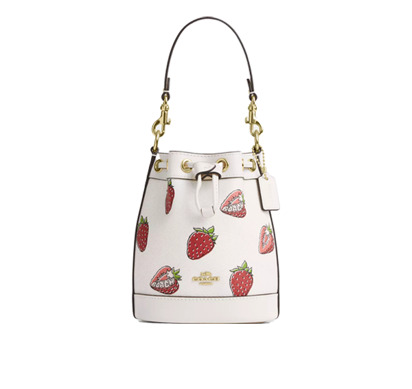 Coach Women's Mini Bucket Bag With Strawberry Print Gold/Chalk Multi