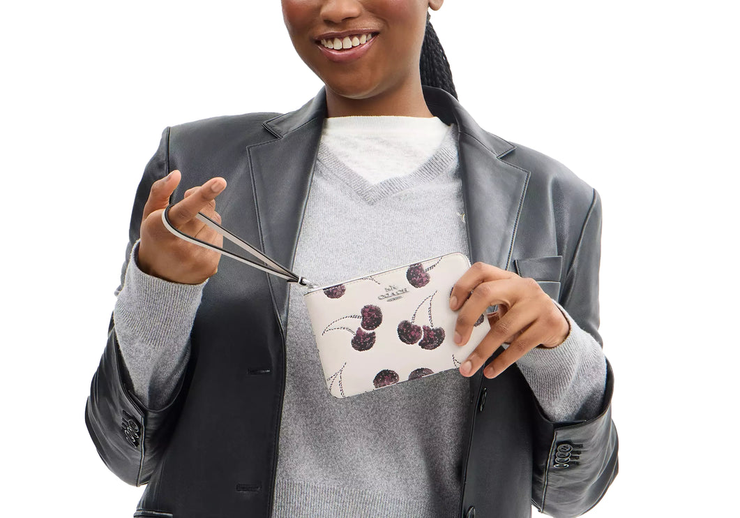 Coach Women's Corner Zip Wristlet With Cherry Print Silver/Chalk Multi