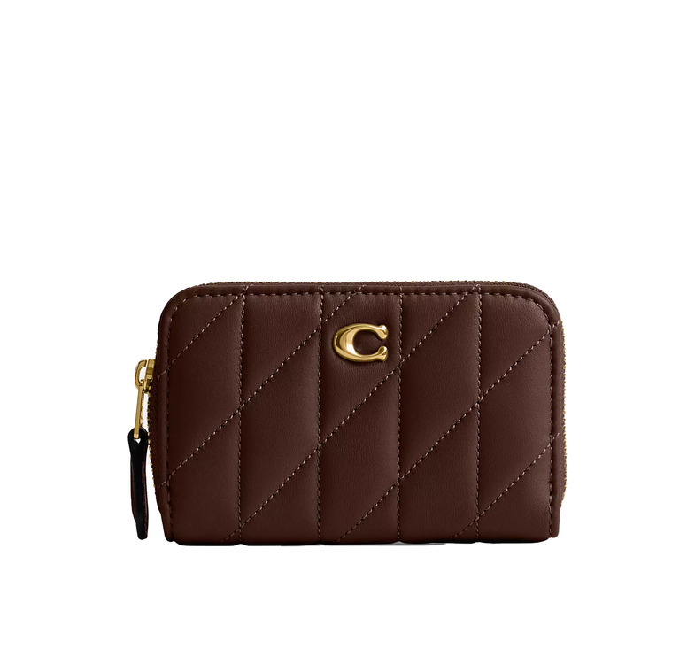 Coach Women's Essential Small Zip Around Card Case With Pillow Quilting Brass/Maple