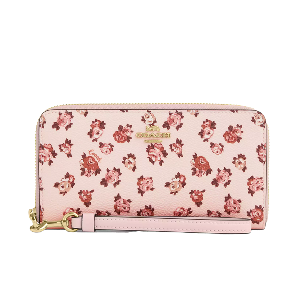 Coach Women's Long Zip Around Wallet With Rosette Print Gold/Blush Multi