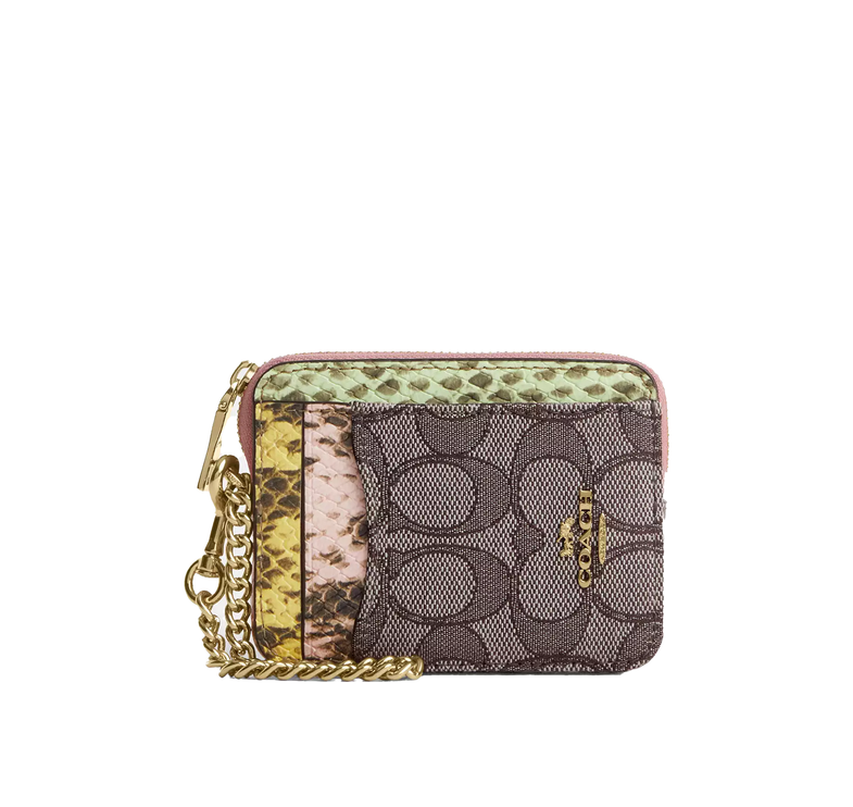Coach Women's Zip Card Case In Signature Jacquard Gold/Oak Multi