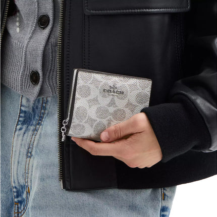 Coach Women's Snap Wallet In Signature Canvas Silver/Gray/Silver