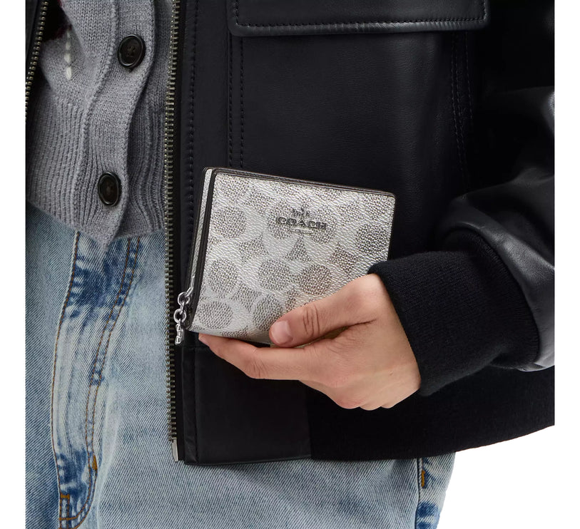 Coach Women's Snap Wallet In Signature Canvas Silver/Gray/Silver