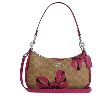 Coach Women's Teri Shoulder Bag In Signature Canvas With Bow Print Silver/Tan/Pink Multi