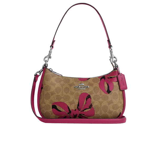 Coach Women's Teri Shoulder Bag In Signature Canvas With Bow Print Silver/Tan/Pink Multi