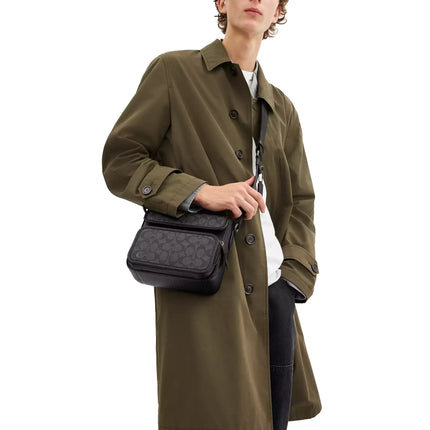 Coach Men's Sullivan Flap Crossbody Bag In Signature Canvas Gunmetal/Charcoal/Black