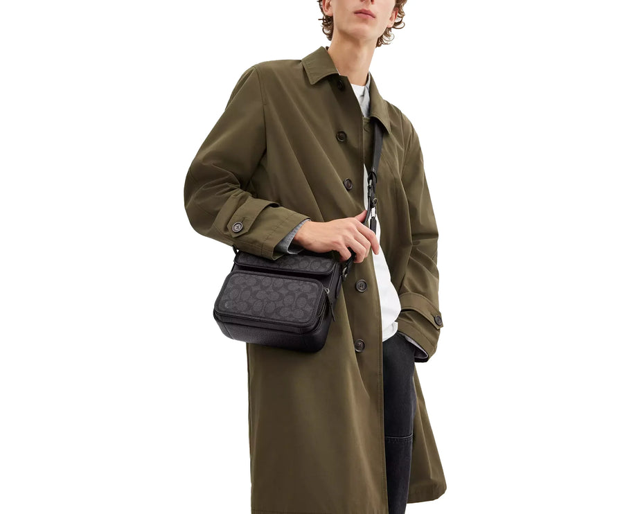 Coach Men's Sullivan Flap Crossbody Bag In Signature Canvas Gunmetal/Charcoal/Black