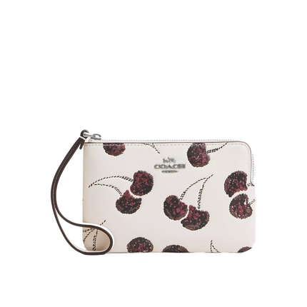 Coach Women's Corner Zip Wristlet With Cherry Print Silver/Chalk Multi