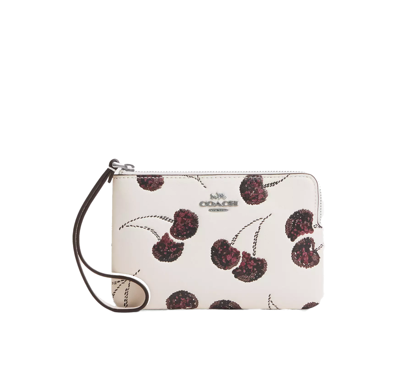 Coach Women's Corner Zip Wristlet With Cherry Print Silver/Chalk Multi
