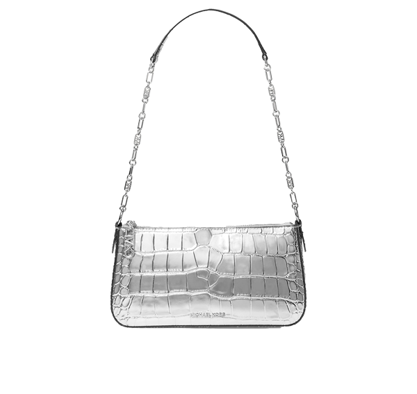 Michael Kors Women's Empire Medium Metallic Crocodile Embossed Leather Chain-Link Pochette Silver