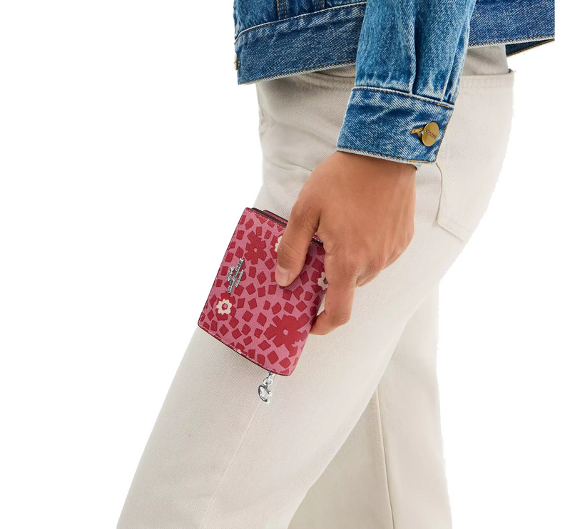 Coach Women's Snap Wallet With Floral Print Silver/Pink Multi