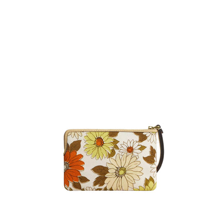 Coach Women's Corner Zip Wristlet With Floral Print Gold/Vanilla Sunflower