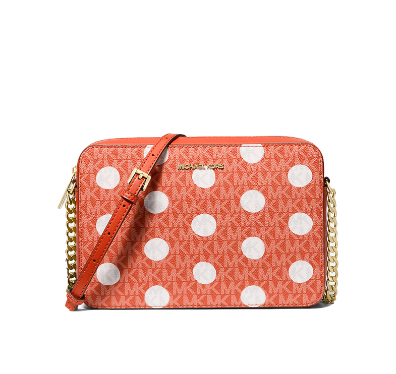 Michael Kors Women's Jet Set Large Polka Dot Signature Logo Crossbody Bag Red Clay