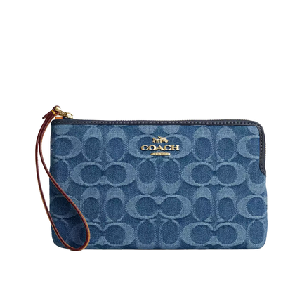 Coach Women's Large Corner Zip Wristlet In Signature Denim Gold/Indigo
