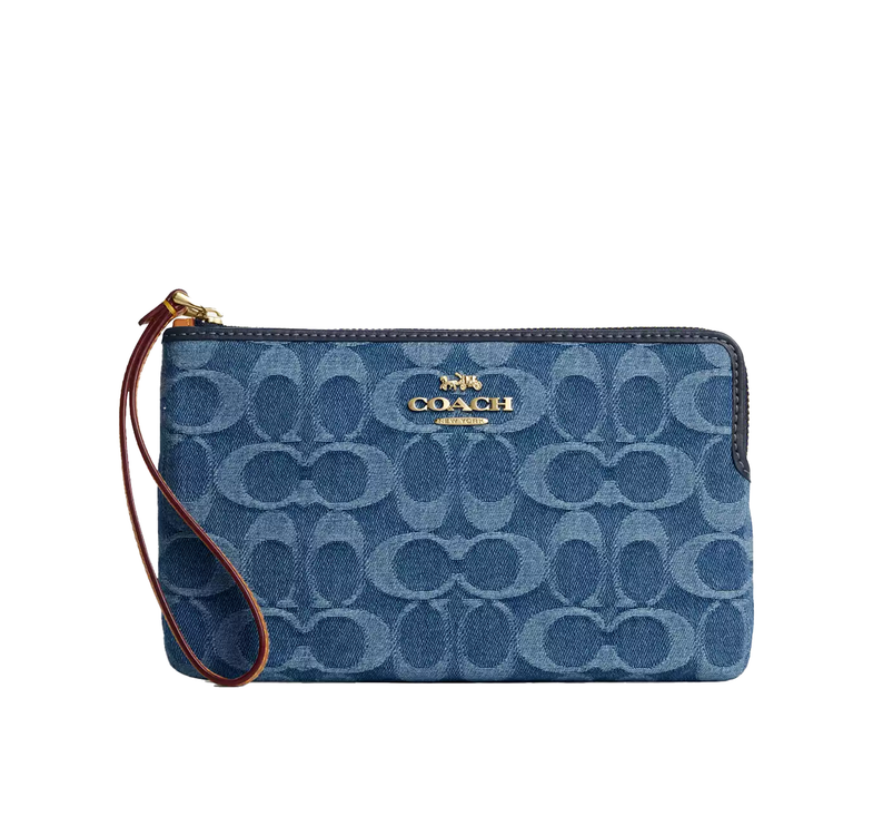 Coach Women's Large Corner Zip Wristlet In Signature Denim Gold/Indigo