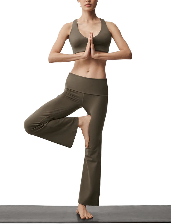 alo Women's Softsculpt 7/8 Foldover Flare Legging Olive Tree