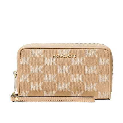 Michael Kors Women's Jet Set Travel Large Logo Jacquard Denim Smartphone Wallet Camel/Gold