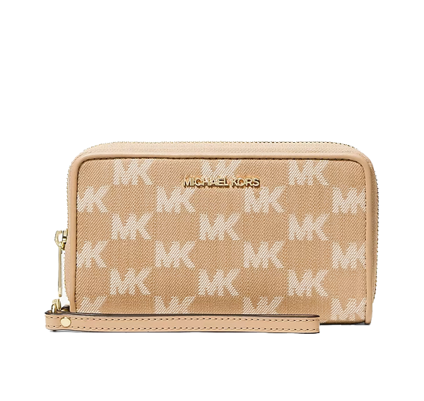 Michael Kors Women's Jet Set Travel Large Logo Jacquard Denim Smartphone Wallet Camel/Gold