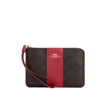 Coach Women's Corner Zip Wristlet In Signature Canvas With Stripe Gold/Walnut/True Red