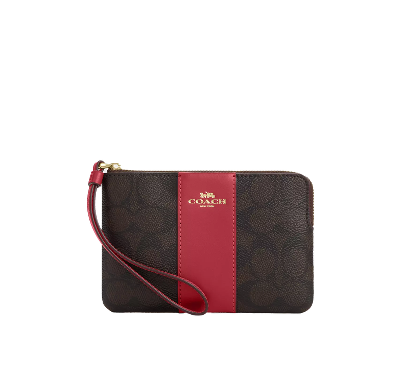Coach Women's Corner Zip Wristlet In Signature Canvas With Stripe Gold/Walnut/True Red