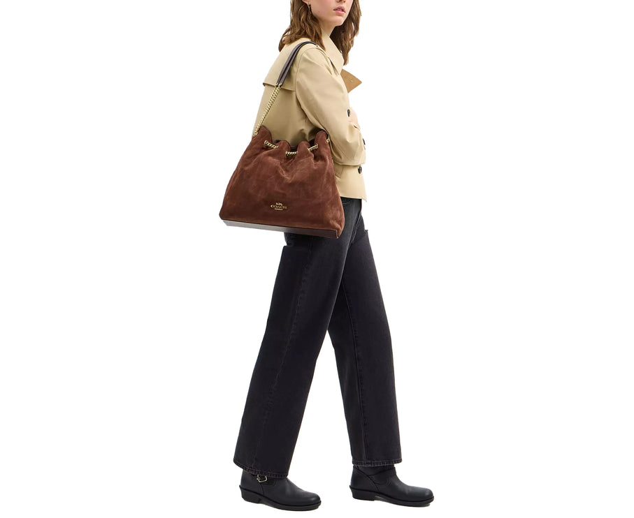 Coach Women's Evelyn Large Shoulder Bag With Quilting Suede/Gold