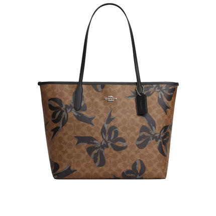 Coach Women's City Tote Bag In Signature Canvas With Bow Print Silver/Tan/Black Multi