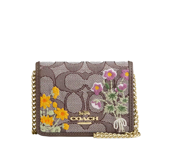 Coach Women's Mini Wallet On A Chain In Signature Jacquard With Floral Embroidery Gold/Oak Multi