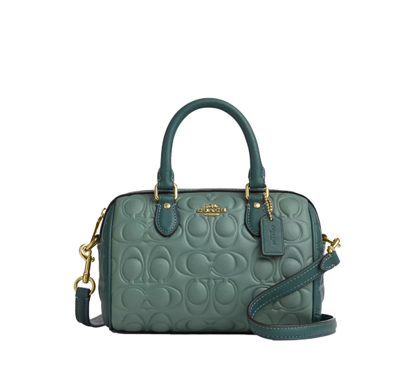 Coach Women's Mini Rowan Crossbody Bag In Blocked Signature Leather Gold/Sage/Dark Turquoise