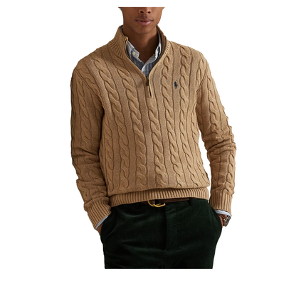 Polo Ralph Lauren Men's Cable-Knit Cotton Quarter-Zip Sweater Camel Melange