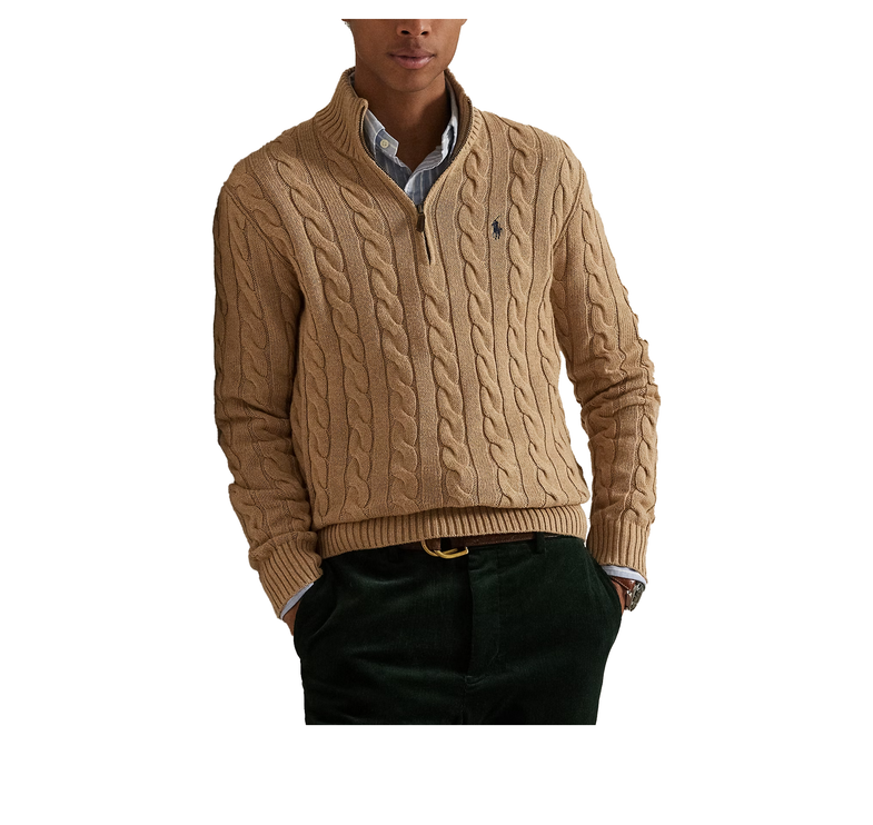 Polo Ralph Lauren Men's Cable-Knit Cotton Quarter-Zip Sweater Camel Melange